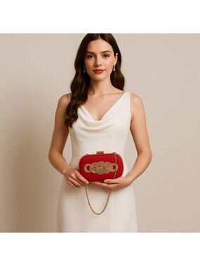 Vintage Sondra Roberts Red Clutch Purse evening With Gold Chain & Embellishment
